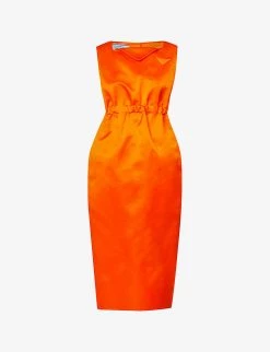 PRADA Sleeveless Square-neck Silk-satin Midi Dress For Womens Arancio