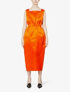PRADA Sleeveless Square-neck Silk-satin Midi Dress For Womens Arancio -Deals PRADA Store unnamed file 12