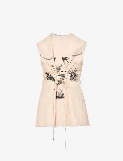 PRADA Graphic-print Lace-up Linen And Cotton-blend Top For Womens Opale