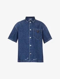 PRADA Brand-plaque Boxy-fit Denim Shirt For Mens Bleu
