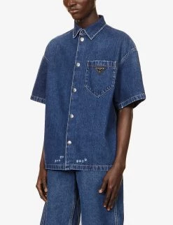 PRADA Brand-plaque Boxy-fit Denim Shirt For Mens Bleu -Deals PRADA Store unnamed file 217