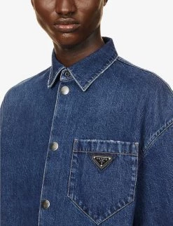 PRADA Brand-plaque Boxy-fit Denim Shirt For Mens Bleu -Deals PRADA Store unnamed file 219