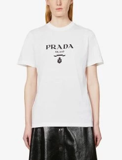 PRADA Logo-print Round-neck Cotton-jersey T-shirt For Womens Bianco -Deals PRADA Store unnamed file 223