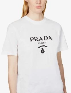 PRADA Logo-print Round-neck Cotton-jersey T-shirt For Womens Bianco -Deals PRADA Store unnamed file 225