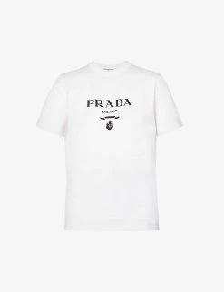PRADA Logo-print Round-neck Cotton-jersey T-shirt For Womens Bianco -Deals PRADA Store unnamed file 226