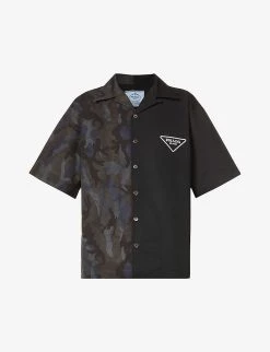 PRADA Camouflage-print Short-sleeved Cotton-poplin Shirt For Mens Fumo