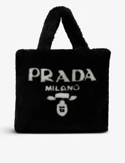 PRADA Branded Shearling Tote Bag For Womens Nero+bianco