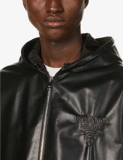 PRADA Brand-debossed Regular-fit Leather Hooded Bomber Jacket For Mens Nero -Deals PRADA Store unnamed file 293