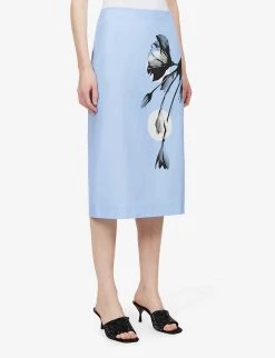PRADA Tulip-print High-waist Cotton-poplin Midi Skirt For Womens Celeste -Deals PRADA Store unnamed file 306