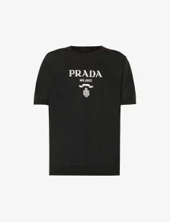PRADA Brand-print Short-sleeved Cashmere And Wool Jumper For Mens Nero