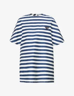PRADA Striped Logo-plaque Denim Mini Shirt Dress For Womens Bleu