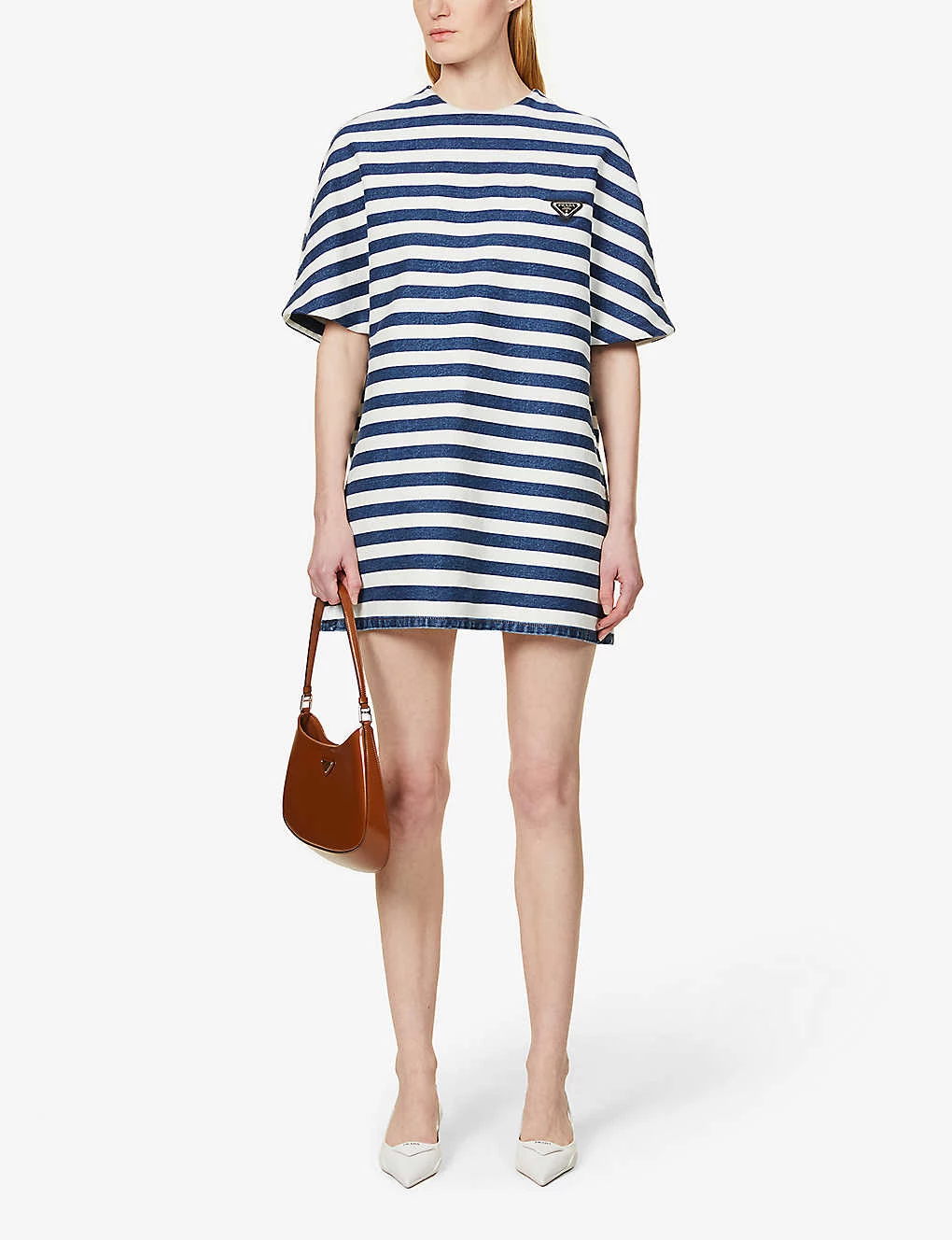 PRADA Striped Logo-plaque Denim Mini Shirt Dress For Womens Bleu 4 PRADA Striped Logo-plaque Denim Mini Shirt Dress For Womens Bleu - Image 2