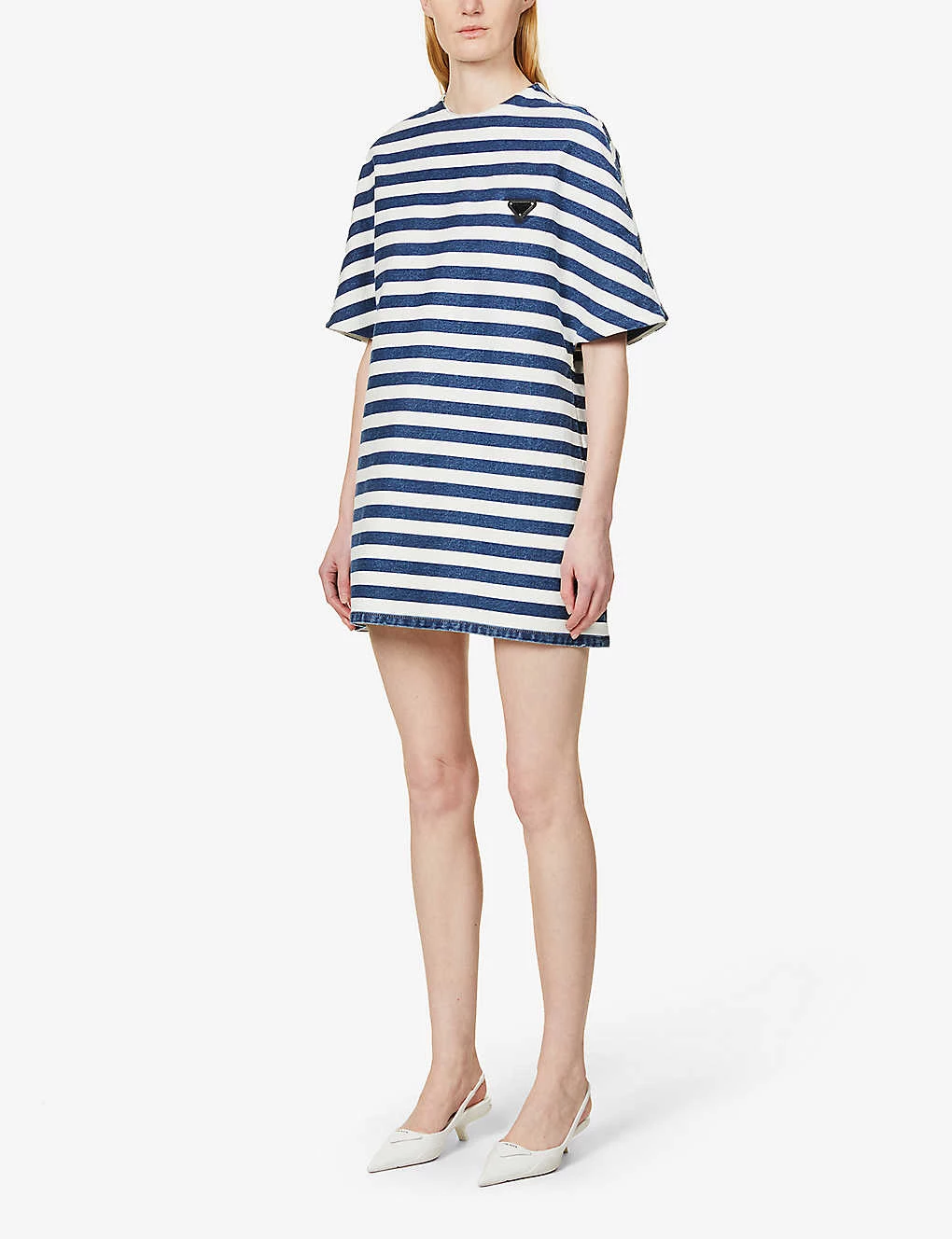 PRADA Striped Logo-plaque Denim Mini Shirt Dress For Womens Bleu 5 PRADA Striped Logo-plaque Denim Mini Shirt Dress For Womens Bleu - Image 3