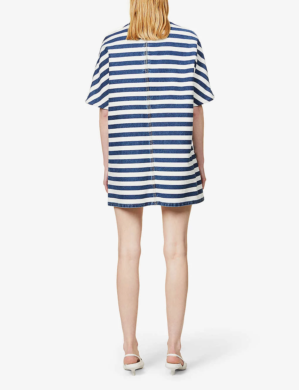 PRADA Striped Logo-plaque Denim Mini Shirt Dress For Womens Bleu 6 PRADA Striped Logo-plaque Denim Mini Shirt Dress For Womens Bleu - Image 4