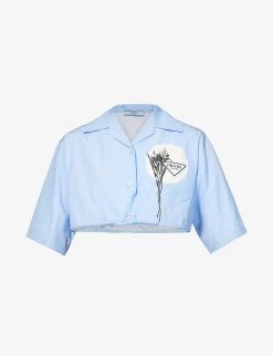 PRADA Cropped Logo-graphic Cotton-poplin Shirt For Womens Celeste