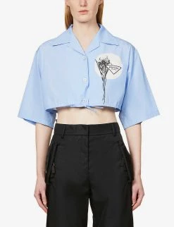 PRADA Cropped Logo-graphic Cotton-poplin Shirt For Womens Celeste -Deals PRADA Store unnamed file 469