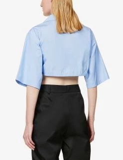PRADA Cropped Logo-graphic Cotton-poplin Shirt For Womens Celeste -Deals PRADA Store unnamed file 470