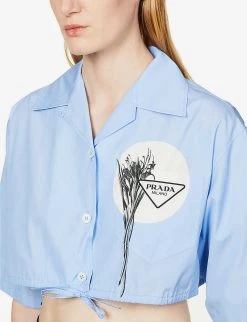 PRADA Cropped Logo-graphic Cotton-poplin Shirt For Womens Celeste -Deals PRADA Store unnamed file 471