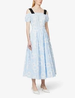 PRADA Floral-print Square-neck Stretch-cotton Midi Dress For Womens Celeste -Deals PRADA Store unnamed file 475