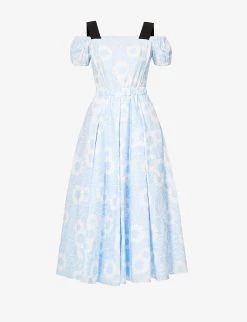 PRADA Floral-print Square-neck Stretch-cotton Midi Dress For Womens Celeste -Deals PRADA Store unnamed file 478