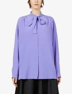 PRADA Tie-neck Silk Crepe-de-chine Shirt For Womens Iris -Deals PRADA Store unnamed file 552