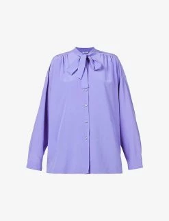 PRADA Tie-neck Silk Crepe-de-chine Shirt For Womens Iris -Deals PRADA Store unnamed file 555