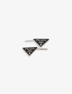 PRADA Triangle Logo-plaque Steel Hairclips Set Of Two For Womens Nero