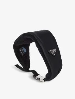 PRADA Logo-plaque Fleece-lined Recycled-nylon Headband For Womens Nero
