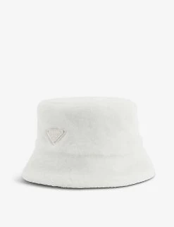 PRADA Logo-plaque Shearling Bucket Hat For Womens Bianco
