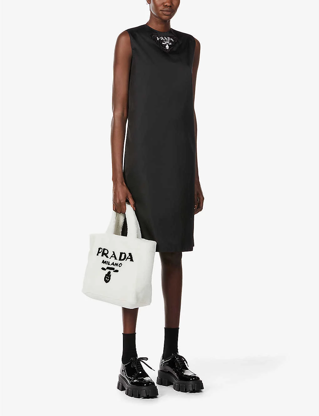 PRADA Branded Shearling Shopper Bag For Womens Bianco/nero 4 PRADA Branded Shearling Shopper Bag For Womens Bianco/nero - Image 2