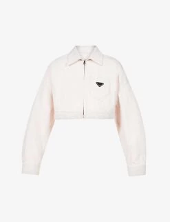 PRADA Cropped Branded-plaque Denim Jacket For Womens Pink