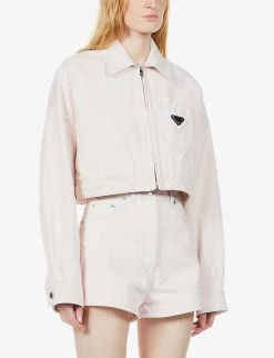 PRADA Cropped Branded-plaque Denim Jacket For Womens Pink -Deals PRADA Store unnamed file 791