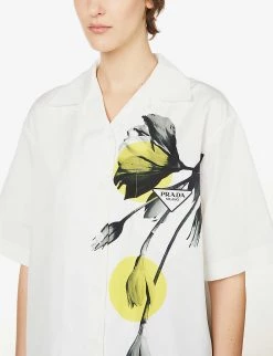 PRADA Tulip-print Short-sleeved Cotton-poplin Shirt For Womens Bianco -Deals PRADA Store unnamed file 799