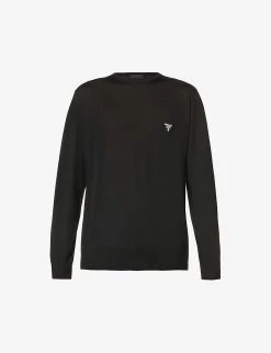 PRADA Logo-embroidered Relaxed-fit Wool Jumper For Mens Nero