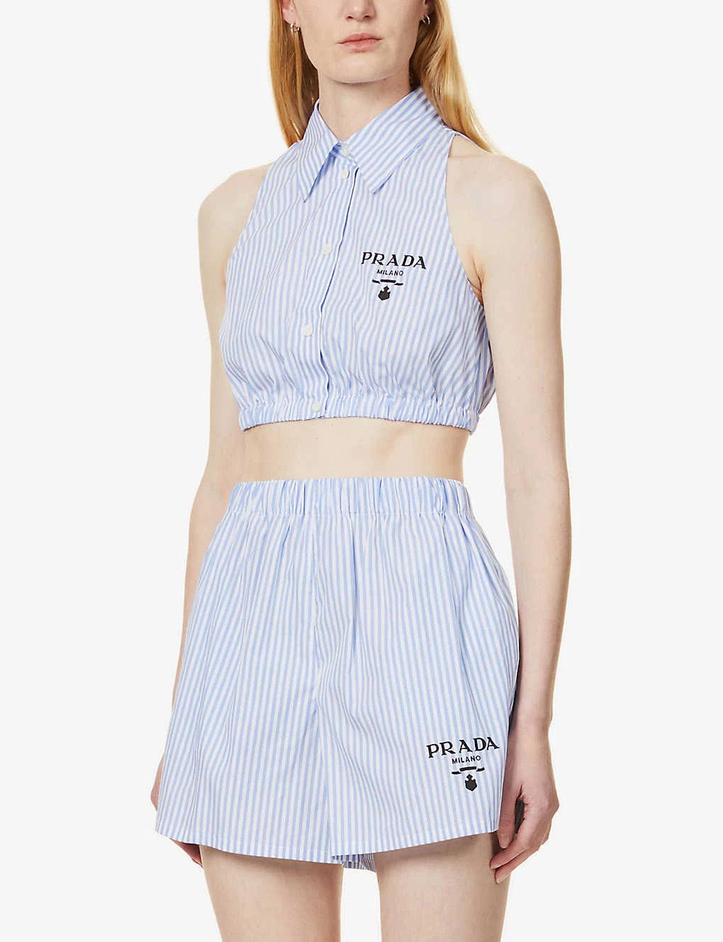 PRADA Striped Cropped Cotton Shirt For Womens Celeste 5 PRADA Striped Cropped Cotton Shirt For Womens Celeste - Image 3