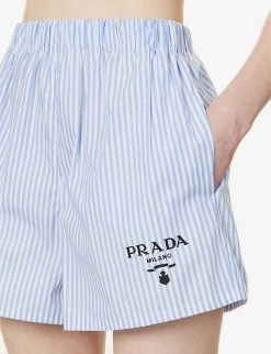 PRADA Striped Mid-rise Cotton Shorts For Womens Celeste -Deals PRADA Store unnamed file 825
