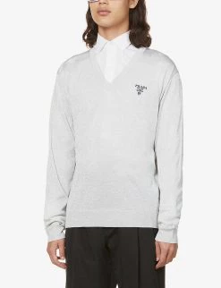 PRADA Brand-embroidered Relaxed-fit Silk-blend Jumper For Mens Argento -Deals PRADA Store unnamed file 829