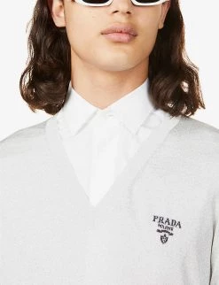 PRADA Brand-embroidered Relaxed-fit Silk-blend Jumper For Mens Argento -Deals PRADA Store unnamed file 831