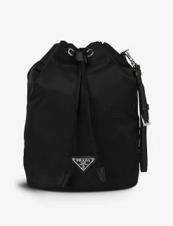 PRADA Brand-plaque Recycled-polyamide And Leather Pouch Bag For Womens Nero