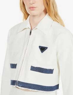 PRADA Cropped Logo-plaque Denim Jacket For Womens White -Deals PRADA Store unnamed file 894
