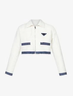 PRADA Cropped Logo-plaque Denim Jacket For Womens White -Deals PRADA Store unnamed file 895