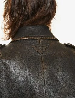 PRADA Collared Leather Jacket For Womens Nero -Deals PRADA Store unnamed file 933