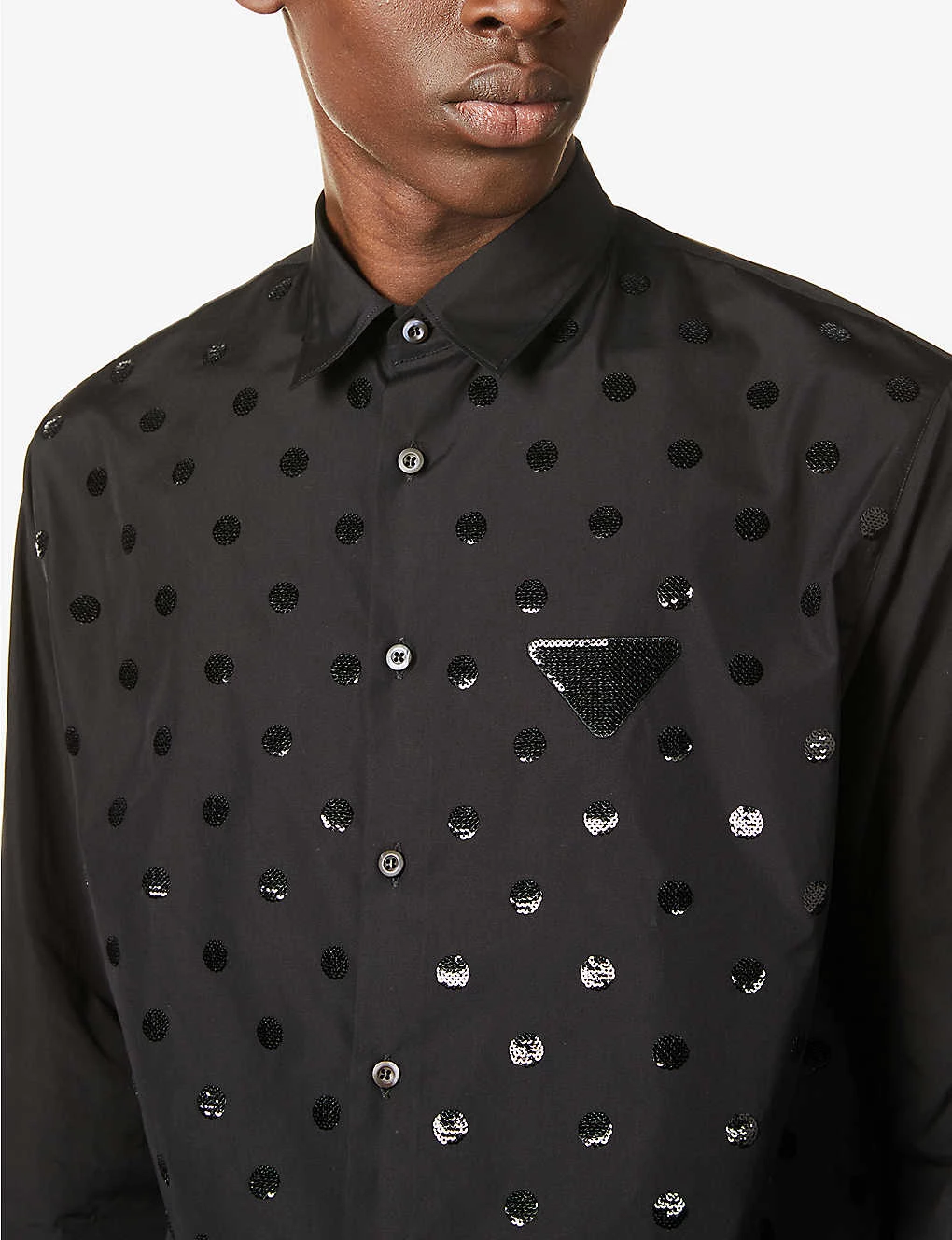 PRADA Brand-patch Sequin-embellished Cotton Shirt For Mens Nero 7 PRADA Brand-patch Sequin-embellished Cotton Shirt For Mens Nero - Image 5