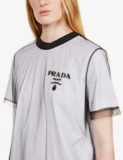 PRADA Sequinned Logo Mesh And Cotton-jersey T-shirt For Womens Bianco+nero -Deals PRADA Store unnamed file 952