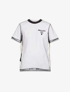 PRADA Sequinned Logo Mesh And Cotton-jersey T-shirt For Womens Bianco+nero -Deals PRADA Store unnamed file 953
