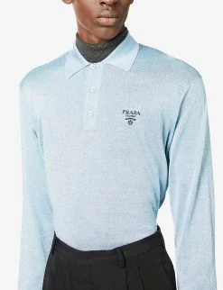 PRADA Brand-embroidered Regular-fit Polo Knit Top For Mens Cielo -Deals PRADA Store unnamed file 975